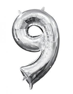 יום הולדת 9 | בלון מטאלי בצבע כסף לניפוח עצמי באוויר